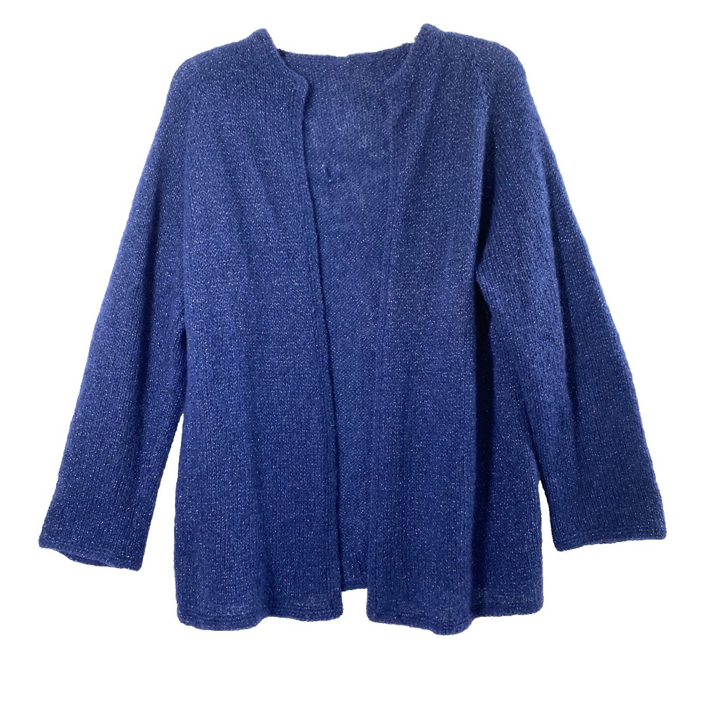 Vtg Women Handmade Cardigan XL Blue Metallic Knit Open Front Shimmer Sweater